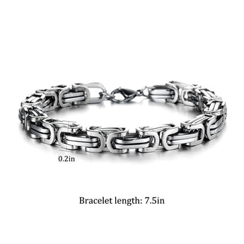 長さ7.5インチ、リンク幅0.2インチを示すシルバーカラーのチタンスチールチェーンブレスレット